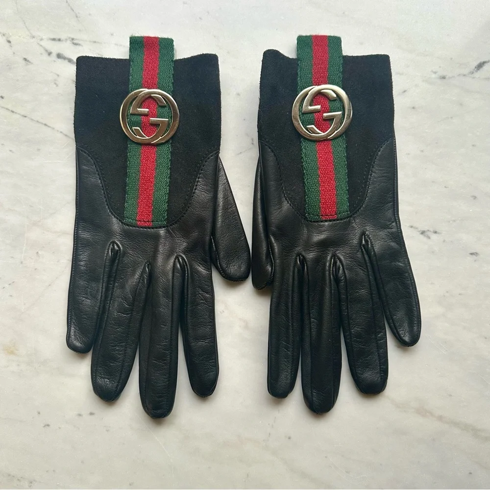 Gucci Black Leather Gloves with signature GG logo - Picture 2 of 11